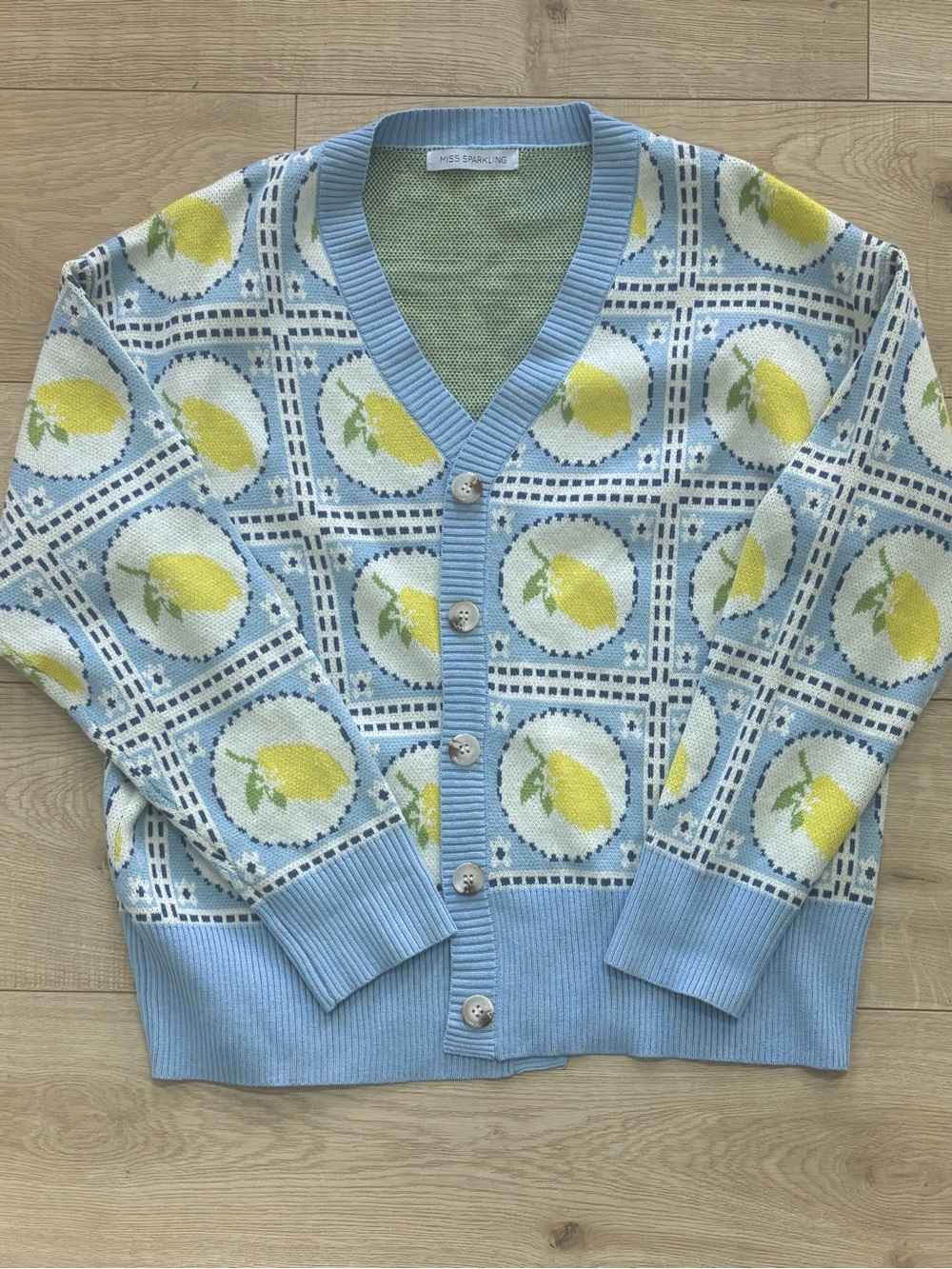 Blue and Yellow Lemon Print Cardigan Euro Summer Printed Sweater